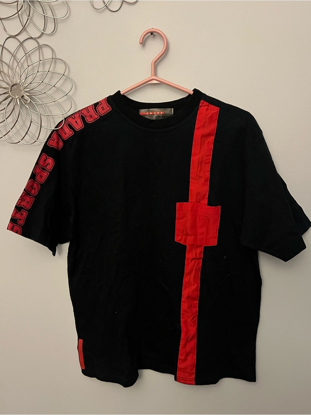 Prada Black Short-Sleeve Tee with Red Stripe and Shoulder Logo